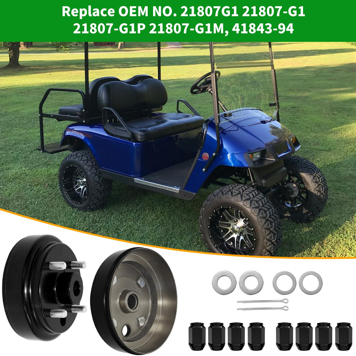 Packaging shows two brake drums and eight mounting nuts for easy replacement.