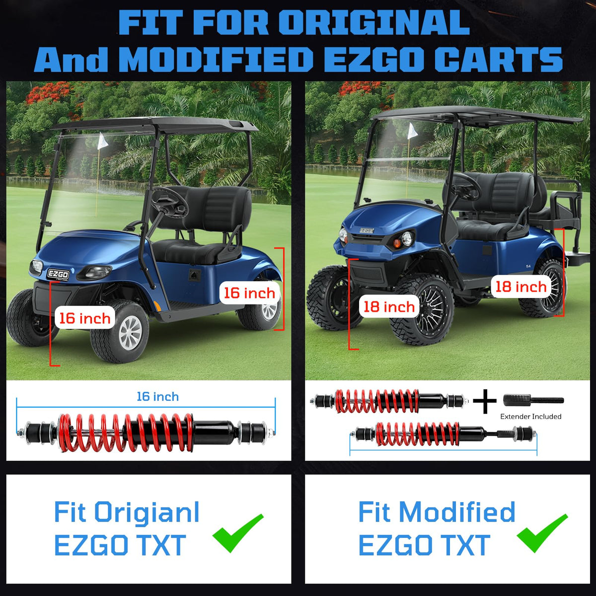 iLSKW EZGO TXT shocks installation view for 16–18 inch lift compatibility.