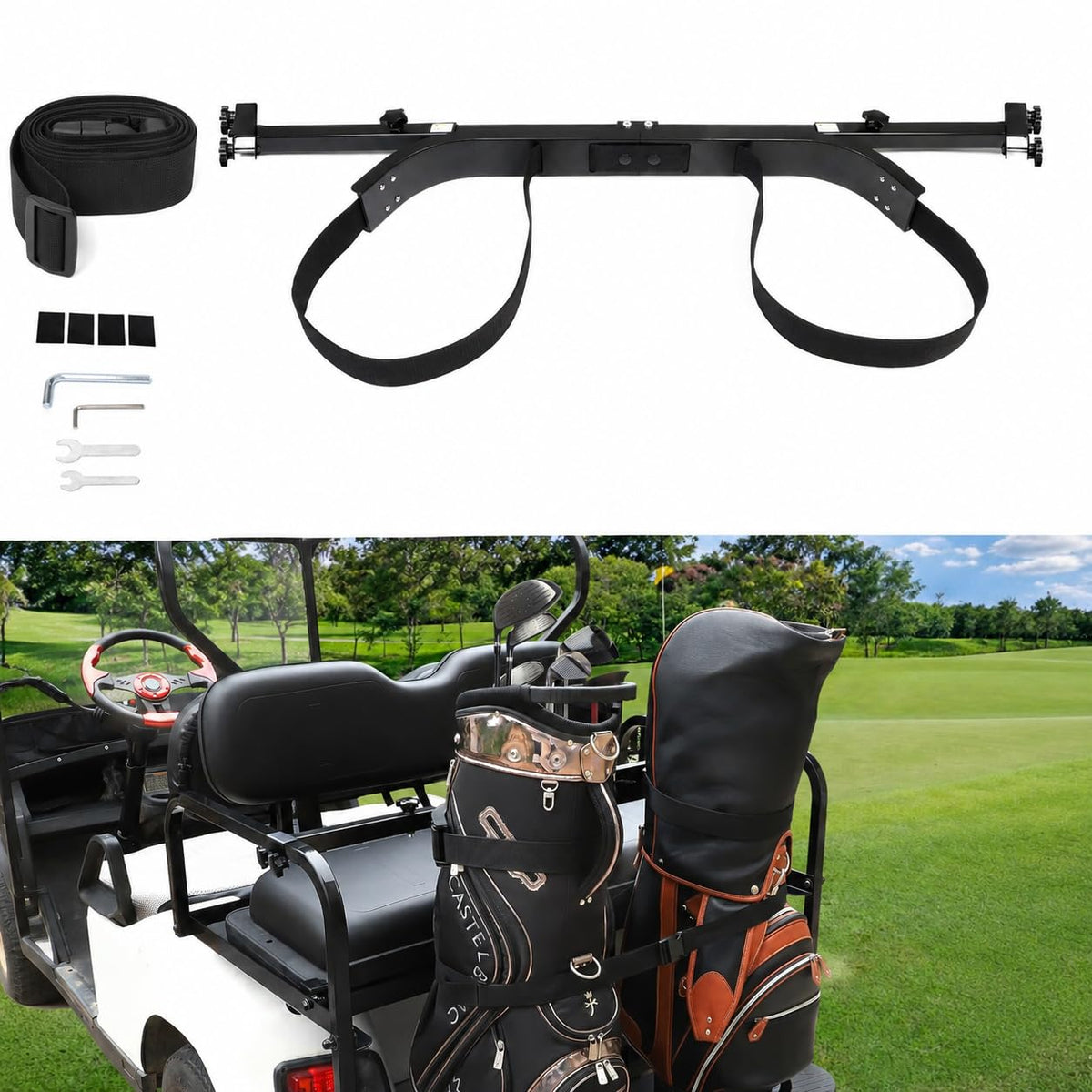 iLSKW golf cart bag holder bracket attached to rear seat securely holding bags for easy access