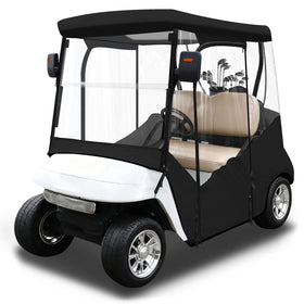 iLSKW golf cart enclosure with roll-up door keeps EZGO TXT/RXV interior accessible.