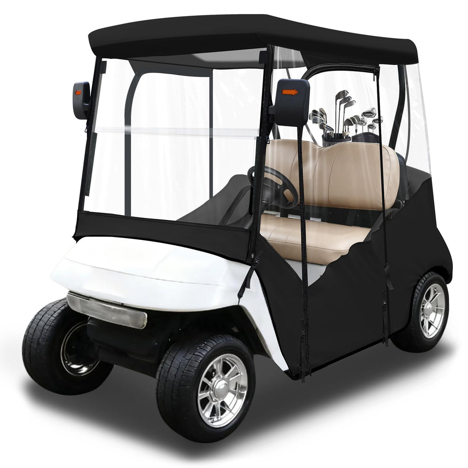 iLSKW golf cart enclosure with roll-up door keeps EZGO TXT/RXV interior accessible.