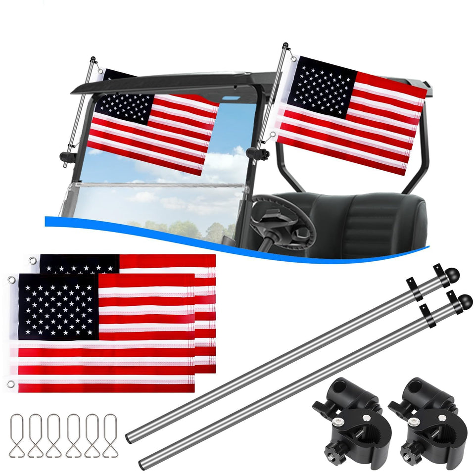 iLSKW flag holder on round rail shows secure, wind-ready flag display for a golf cart.