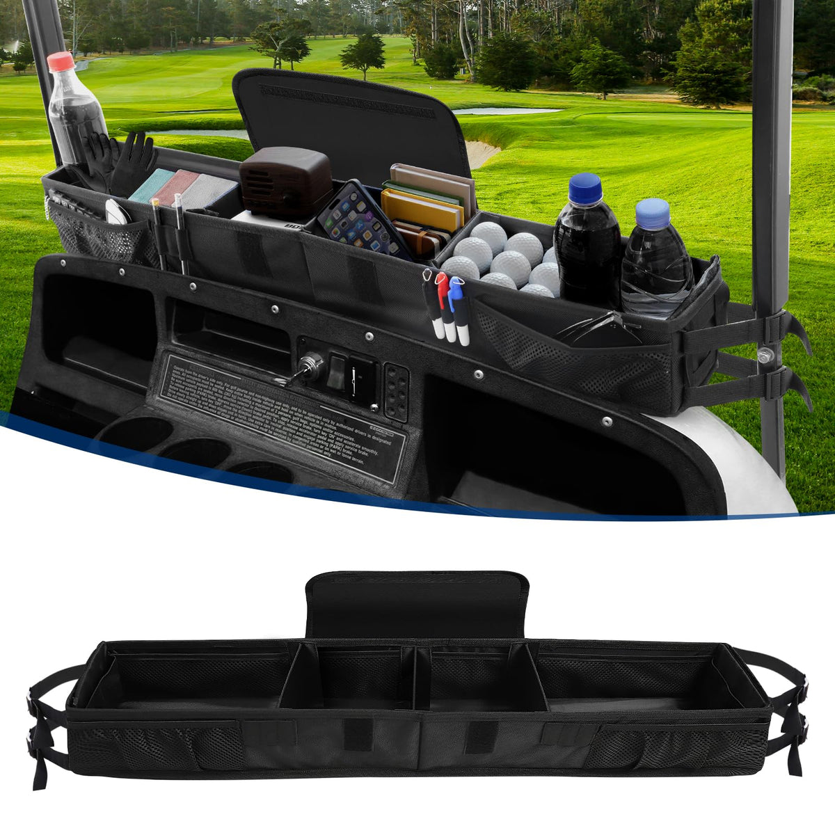 iLSKW golf cart front basket assembly shows simple tool-free setup for EZGO, Club Car, and Yamaha.