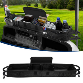 iLSKW golf cart front basket assembly shows simple tool-free setup for EZGO, Club Car, and Yamaha.