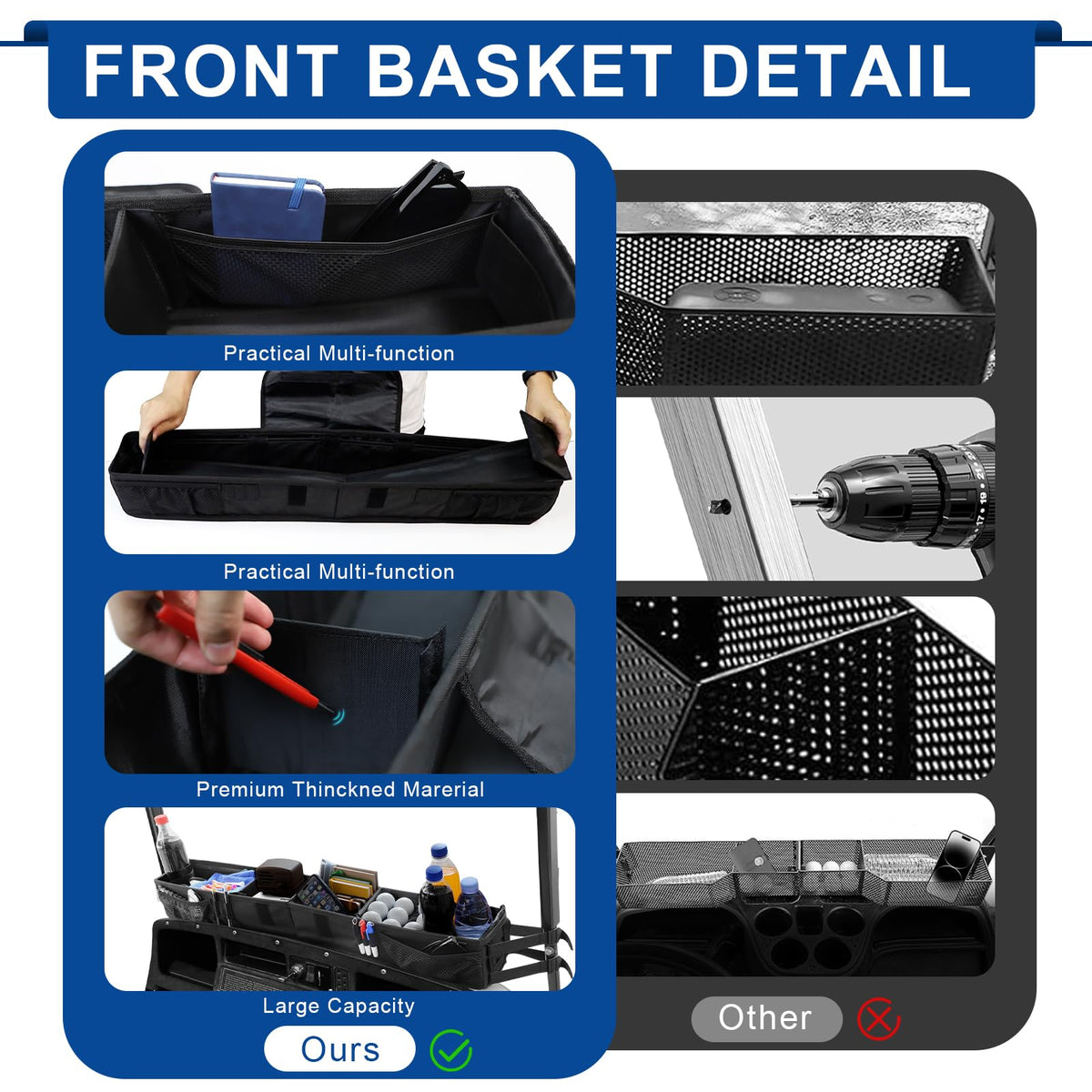iLSKW golf cart front basket dimensions reveal spacious 13L capacity for essentials.