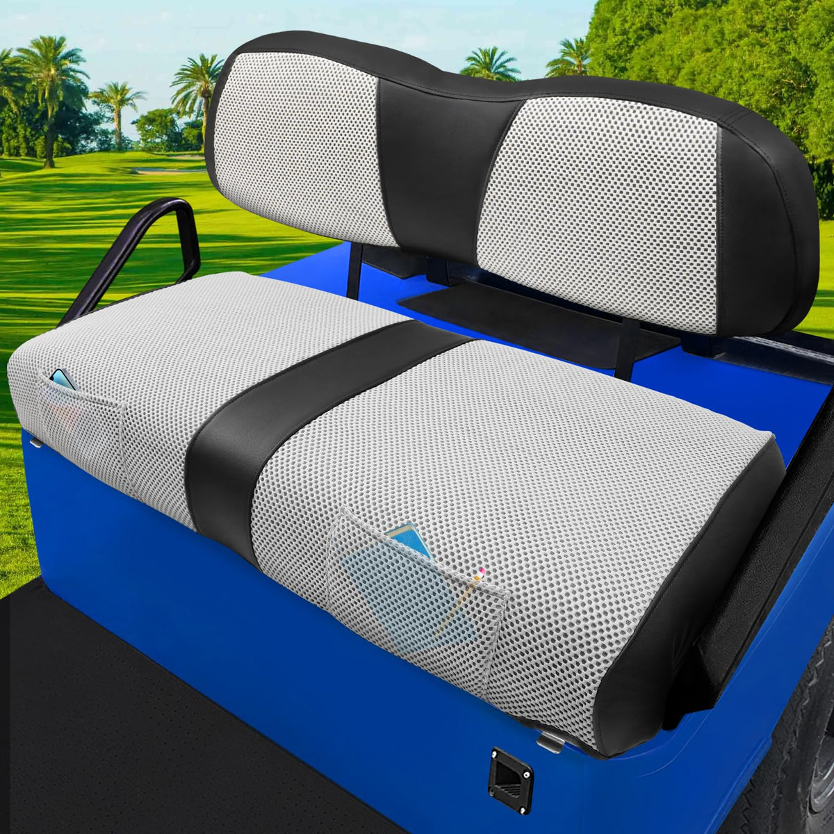 ILSKW golf cart front seat cover close-up of breathable mesh for year-round comfort.