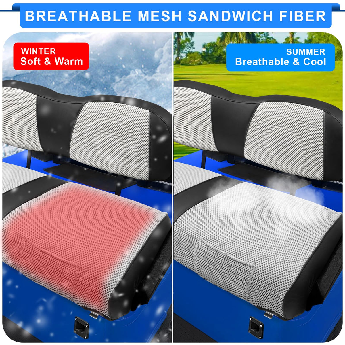 ILSKW backrest detail showing mesh-sandwich design on Club Car DS.