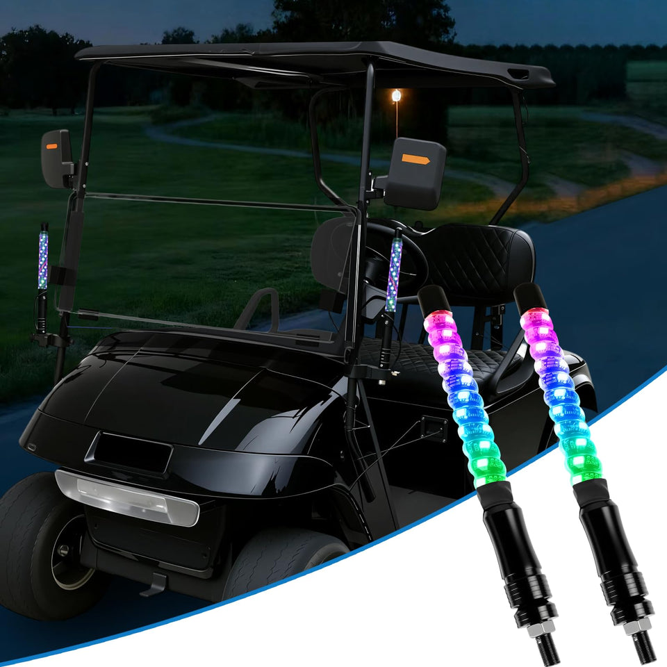 iLSKW golf cart LED whip lights mounted on rail for nighttime visibility