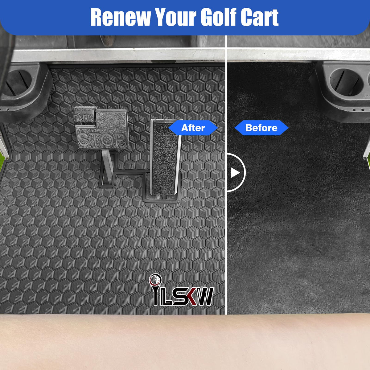 iLSKW golf cart mat with three-dimensional pattern traps dust and debris.