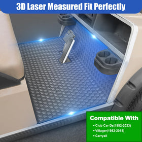 iLSKW golf cart mat for Villager fitment showing snug coverage and full-scale protection.
