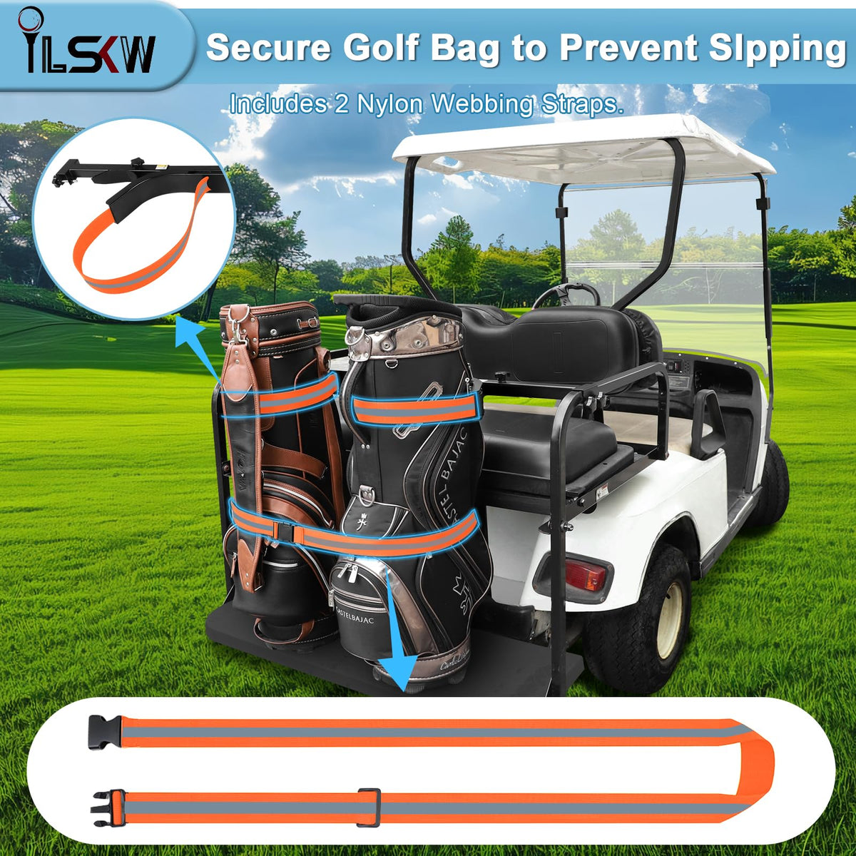 iLSKW bracket mounted on a golf cart with bag secured.