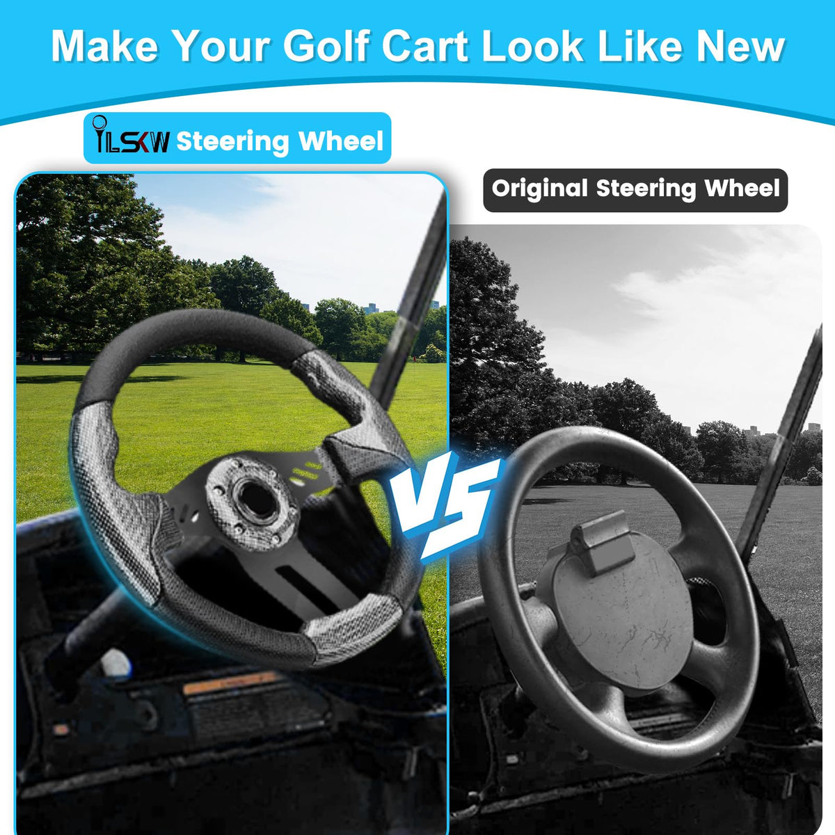 iLSKW golf cart steering wheel for Club Car DS/Precedent/Tempo, durable build for confident handling.