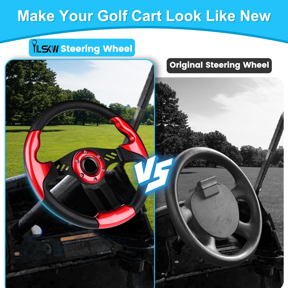 iLSKW golf cart steering wheel EZGO TXT side grip supports comfortable turning.