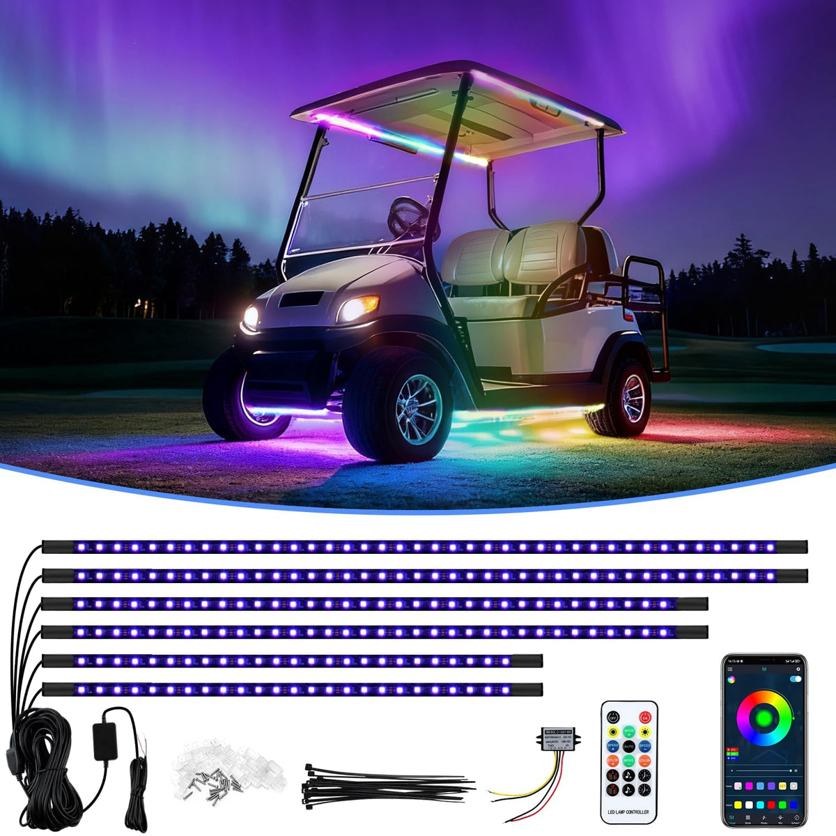 iLSKW golf cart underglow strip set for EZGO, Club Car and Yamaha with enhanced nighttime visibility
