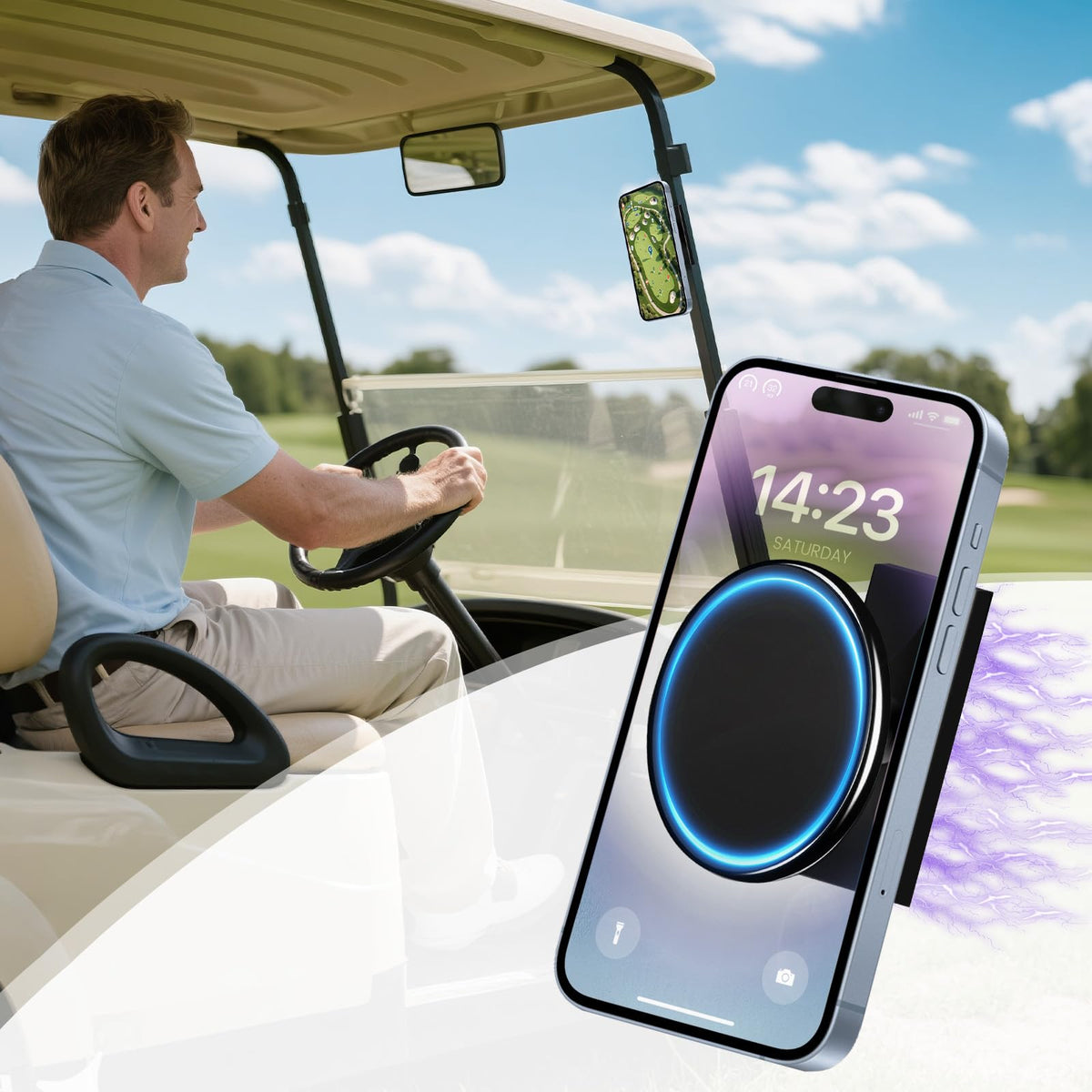 iLSKW magnetic golf cart phone holder with strong grip for secure mounting on rides.
