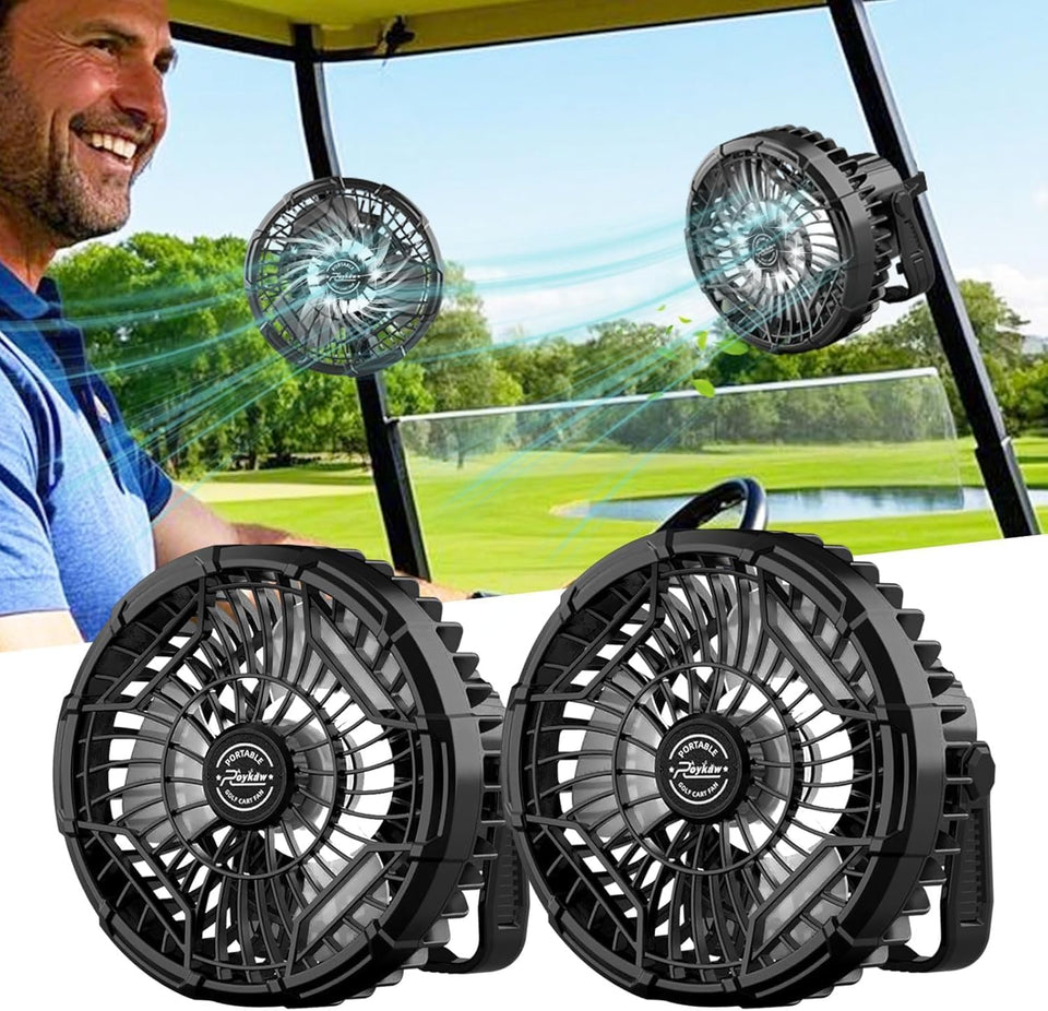 Roykaw Golf Cart Fan 10400mAh – 24H Portable Cooling with LED Light (2-Pack)
