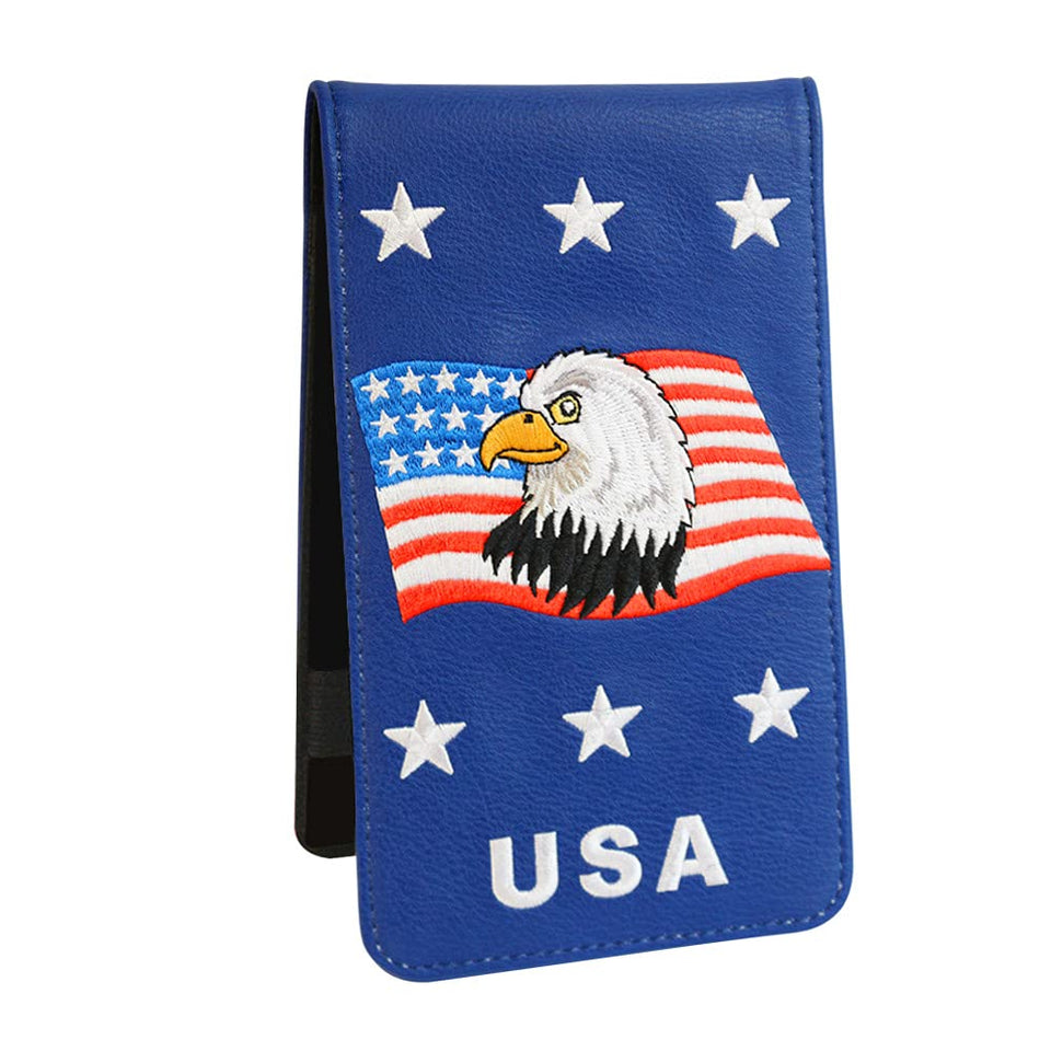 PINMEI Golf Leather Scorecard Holder Cover – Yardage Book with American Flag Ball Marker + Free Pencil, 4.33 × 7.48 in