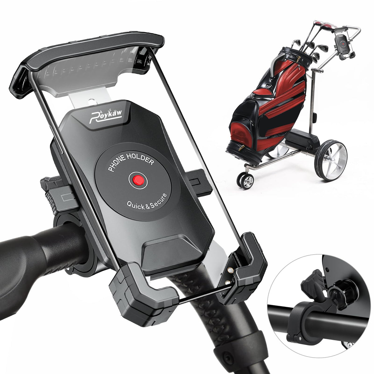 Roykaw golf push cart phone holder with 360° rotation for easy GPS viewing