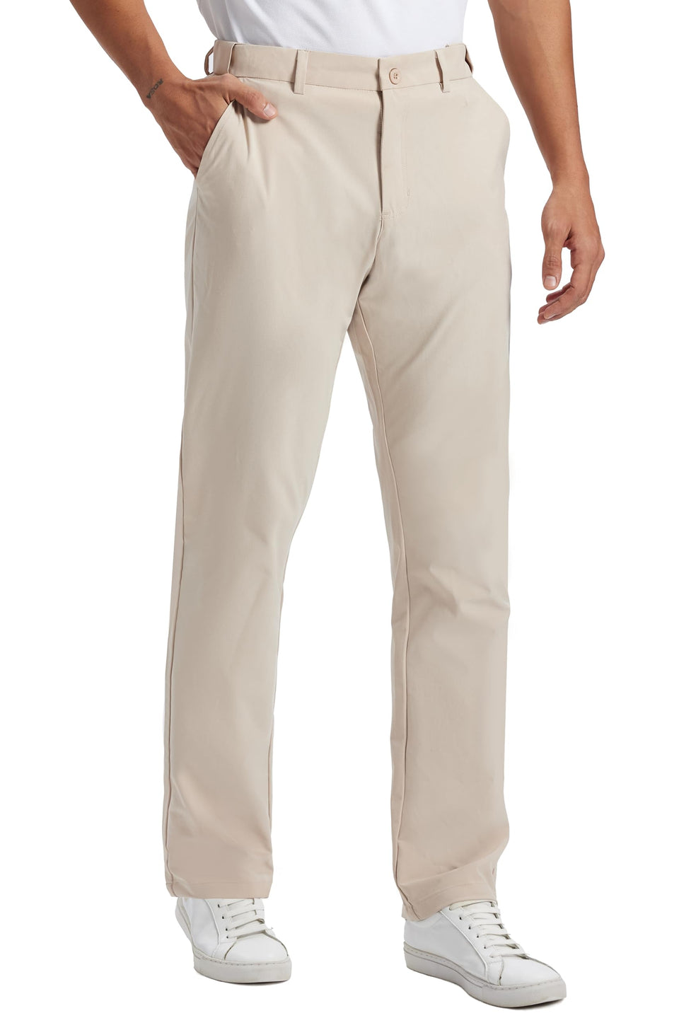 ZOOXING Mens Golf Pants - Lightweight Quick Dry Stretch Trousers, Anti-Slip Back Waistband, Khaki 30/32/34 | 4 Pockets