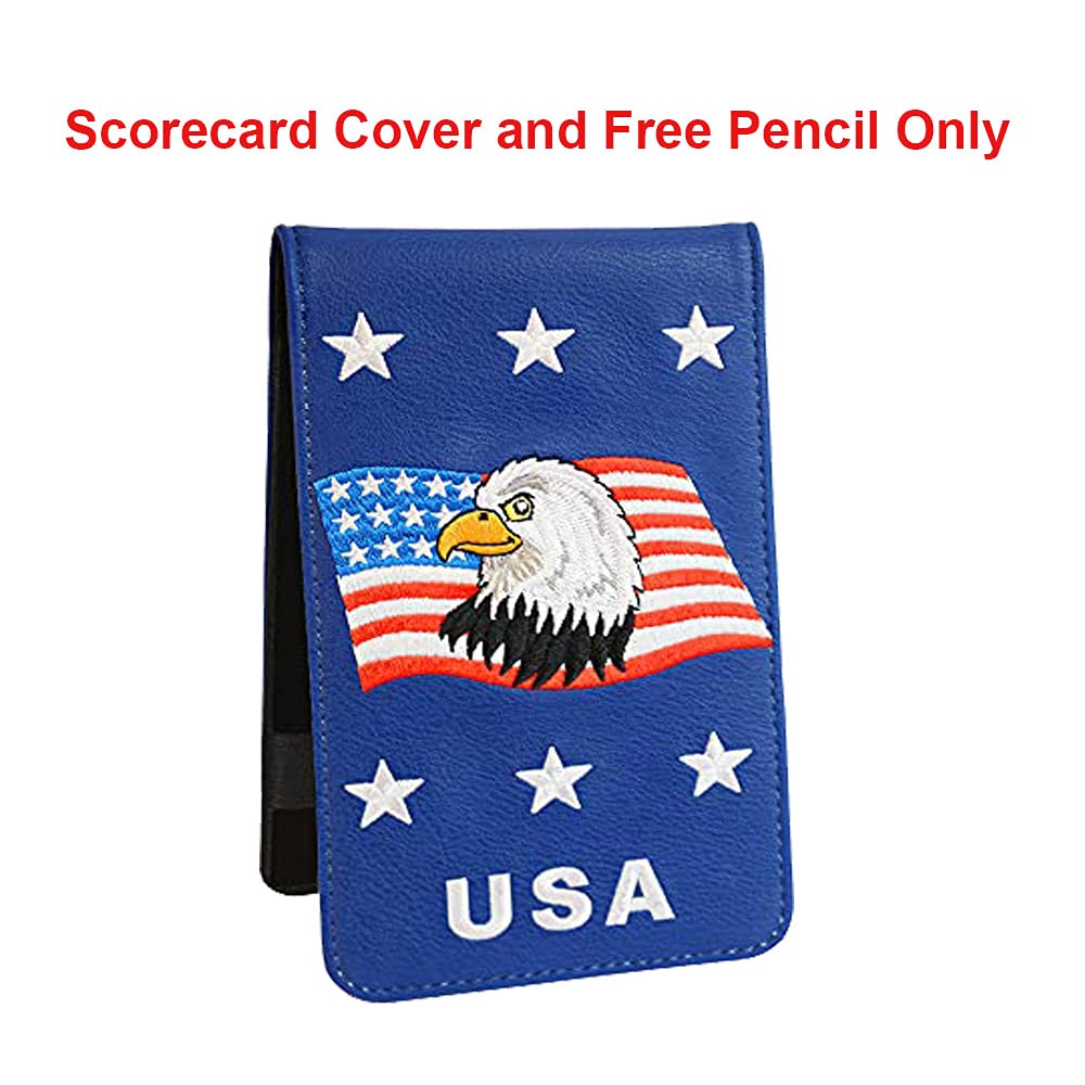 PINMEI Golf Leather Scorecard Holder Cover – Yardage Book with American Flag Ball Marker + Free Pencil, 4.33 × 7.48 in