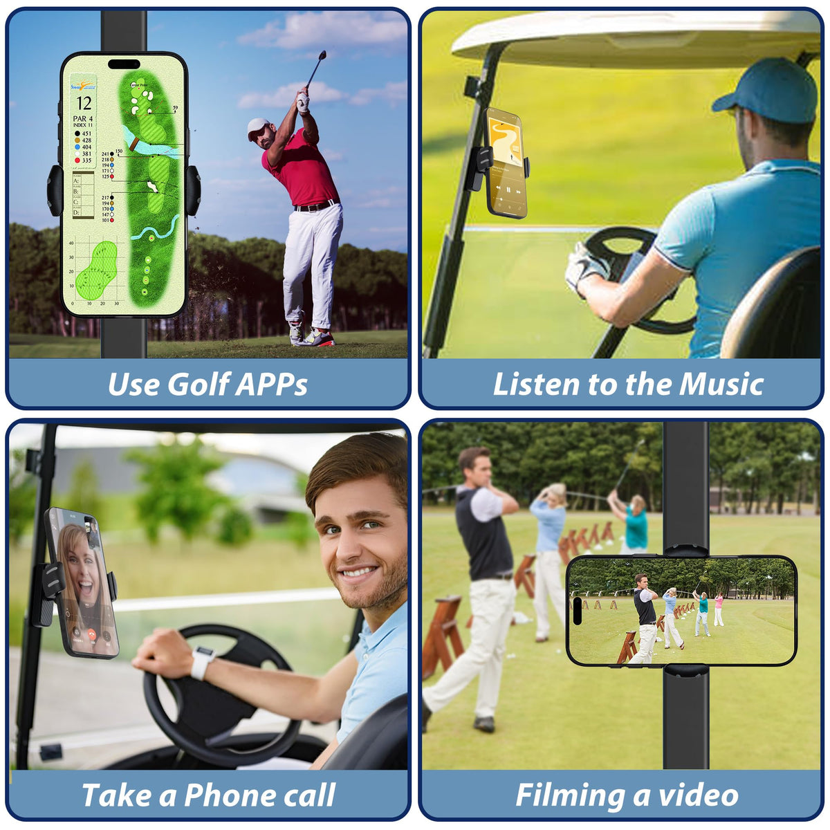 kelofam Golf Cart Phone Holder Mount – Durable Clamp, 360° Rotation, Universal Fit for EZGO/Club Car/Yamaha