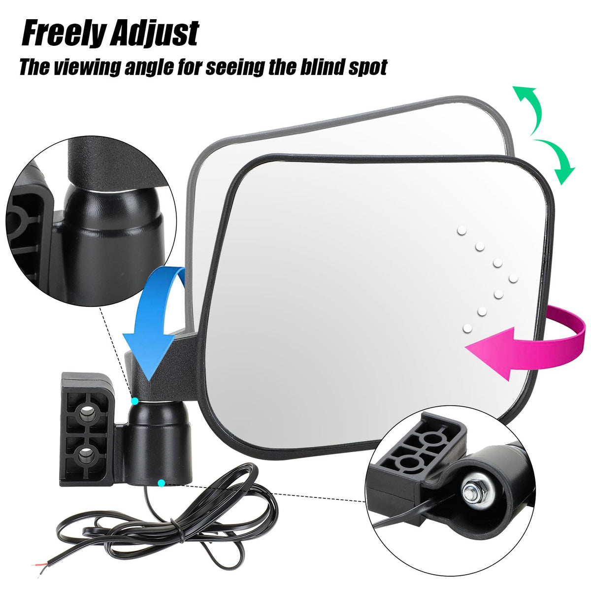 Roykaw Golf Cart No-Drill Folding Side Mirror with LED Turn Signals – Universal Fit (EZGO/Club Car/Yamaha) – 3 Brackets