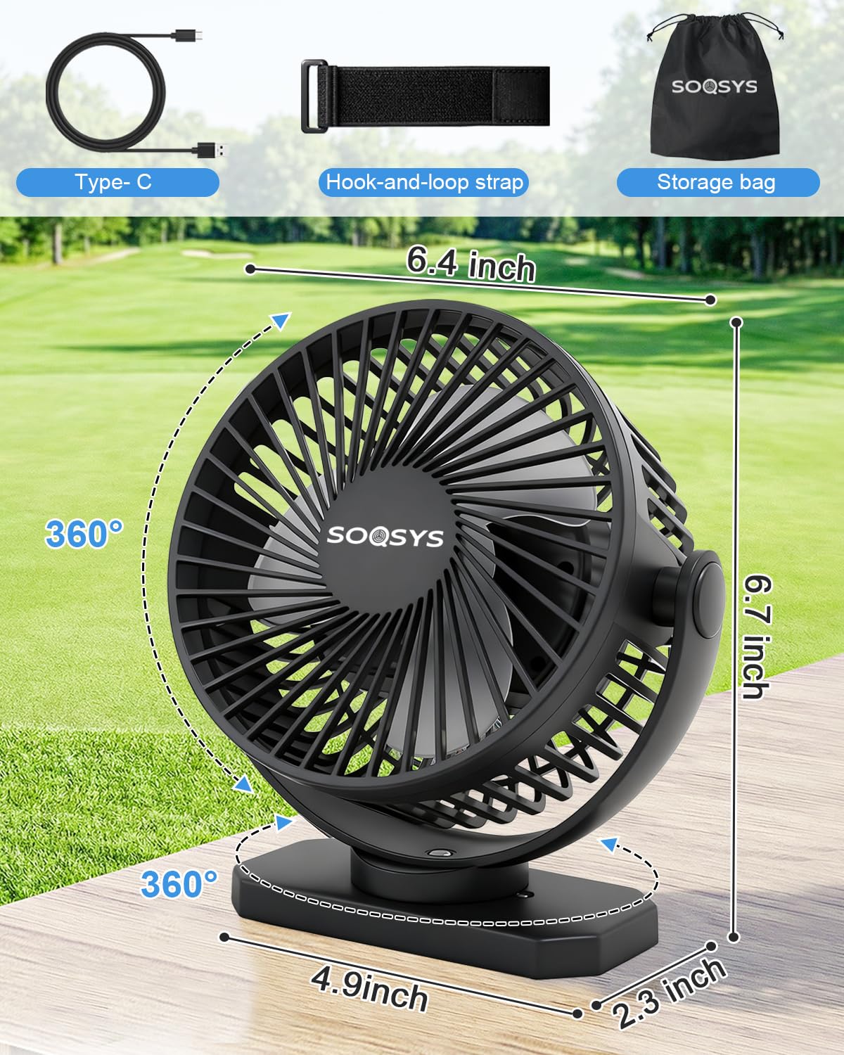 SOQSYS 2-Pack Magnetic Golf Cart Fan – 12000mAh, 3-Speed, USB-C, LED Light