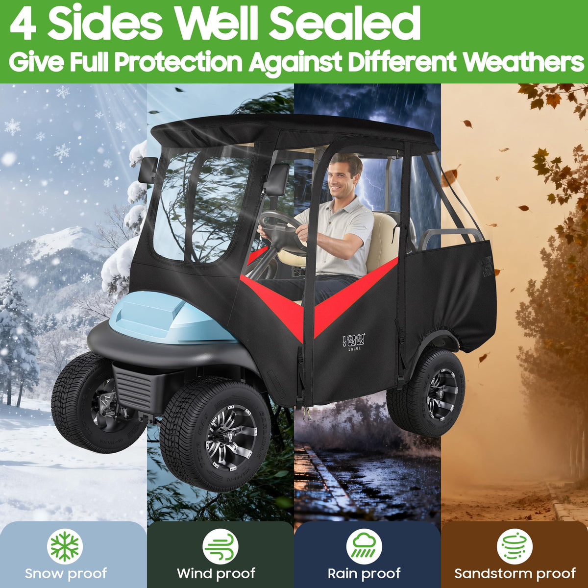 Durable 600D Oxford fabric on the 10L0L golf cart enclosure.