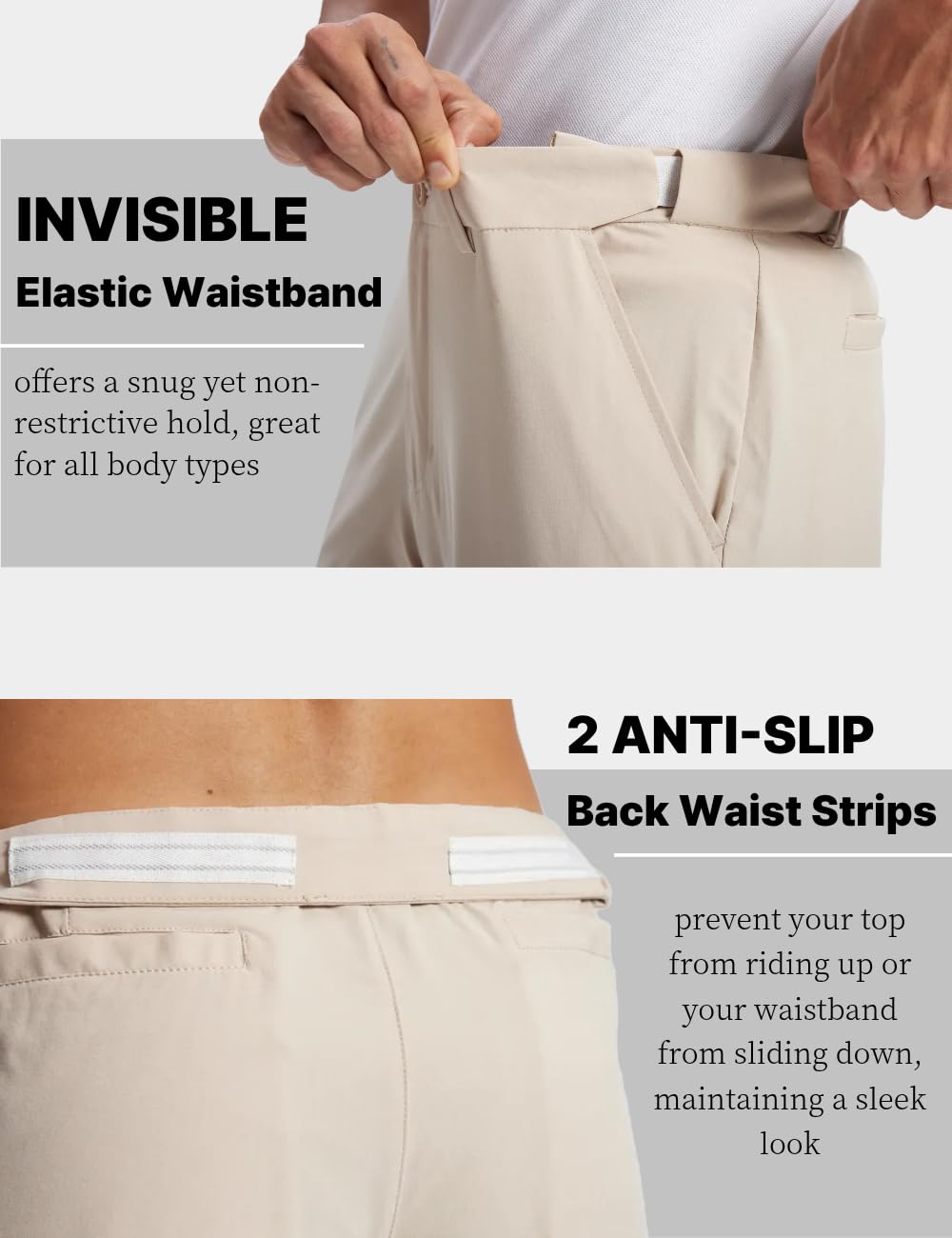 ZOOXING Mens Golf Pants - Lightweight Quick Dry Stretch Trousers, Anti-Slip Back Waistband, Khaki 30/32/34 | 4 Pockets