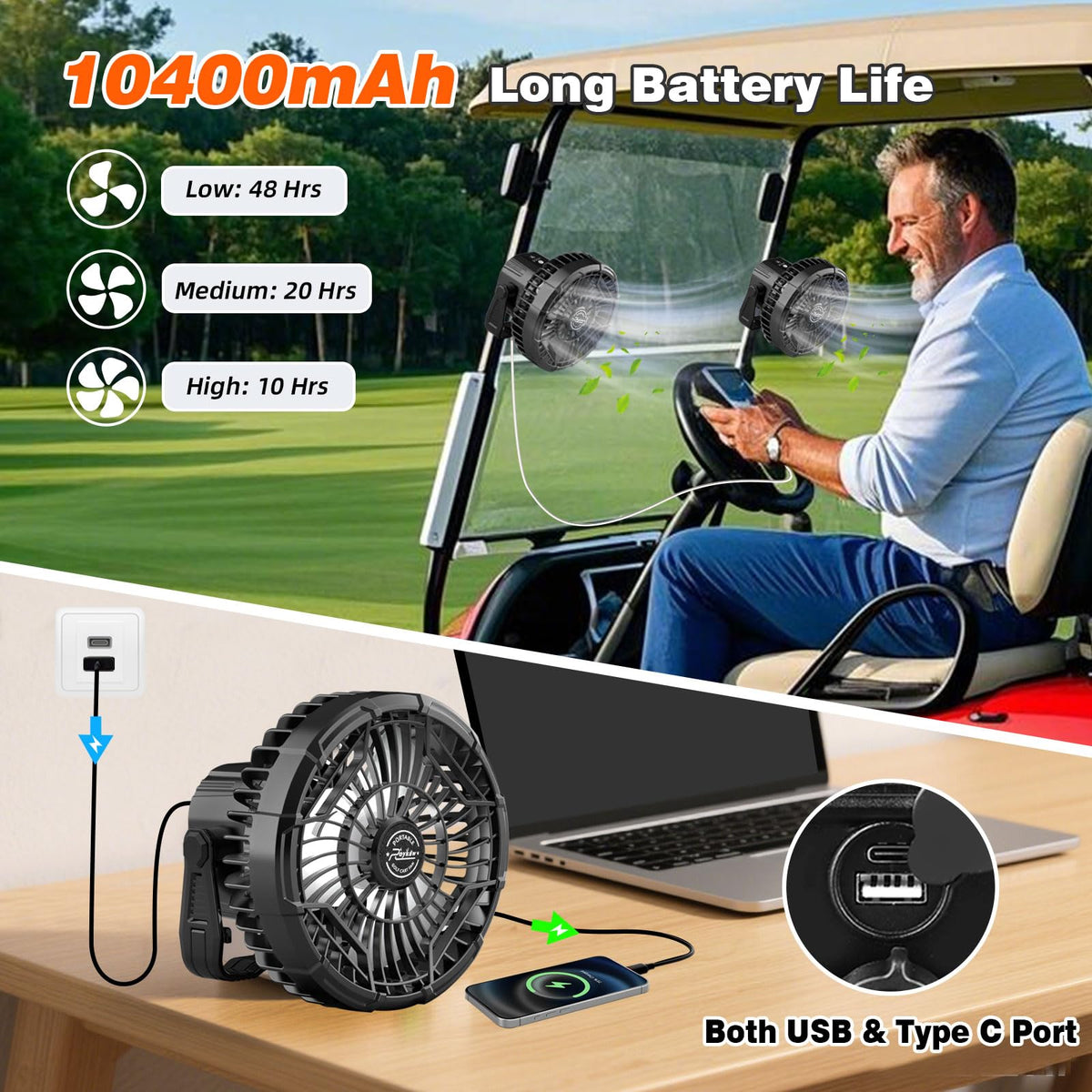 Roykaw Golf Cart Fan 10400mAh – 24H Portable Cooling with LED Light (2-Pack)