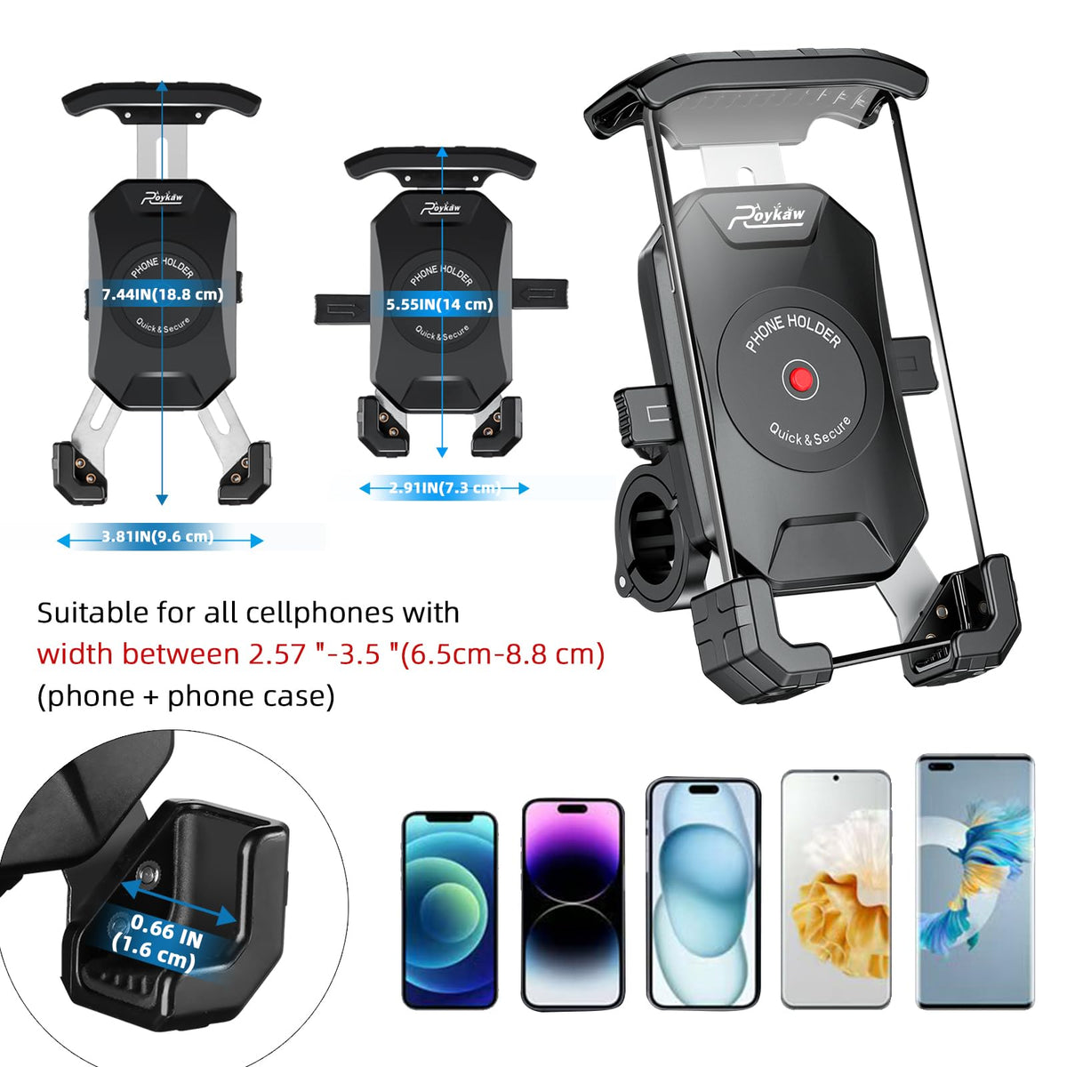 Roykaw holder accommodates phones within standard dimensions