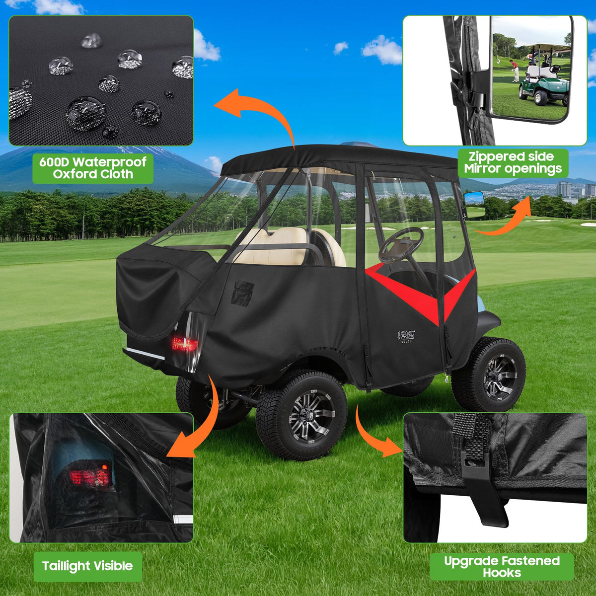 Six bottom hooks secure the enclosure over the cart.