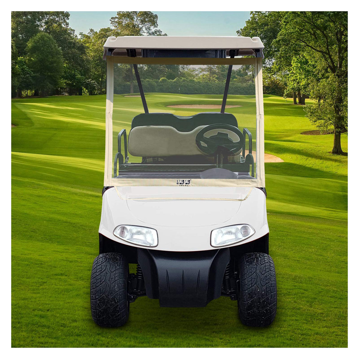 10L0L EZGO RXV windshield protects during rainy mornings on the course