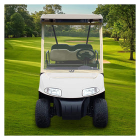 10L0L EZGO RXV windshield protects during rainy mornings on the course