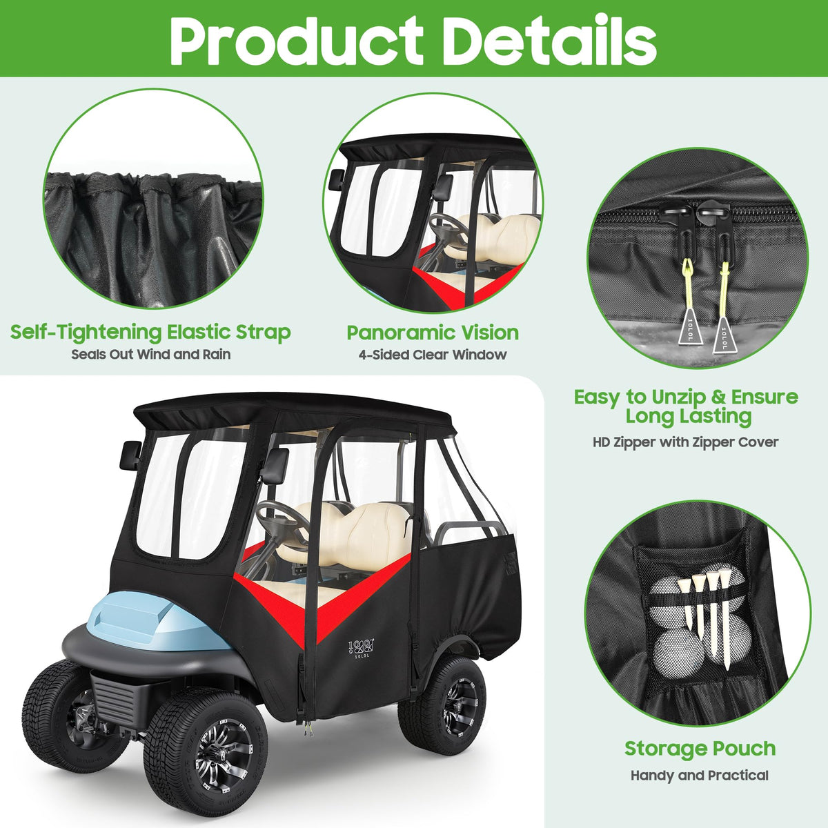 Black and red 10L0L golf cart enclosure design.