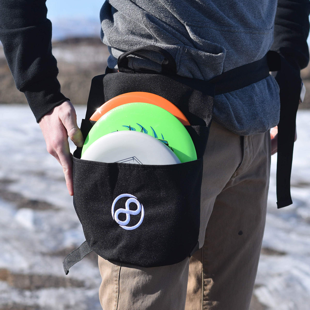 Infinite Discs Holster Grey on hip with leg strap for quick rounds