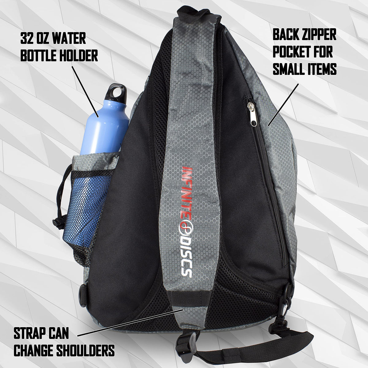 Infinite Discs Slinger Backpack back zip pocket keeps valuables secure during rounds.