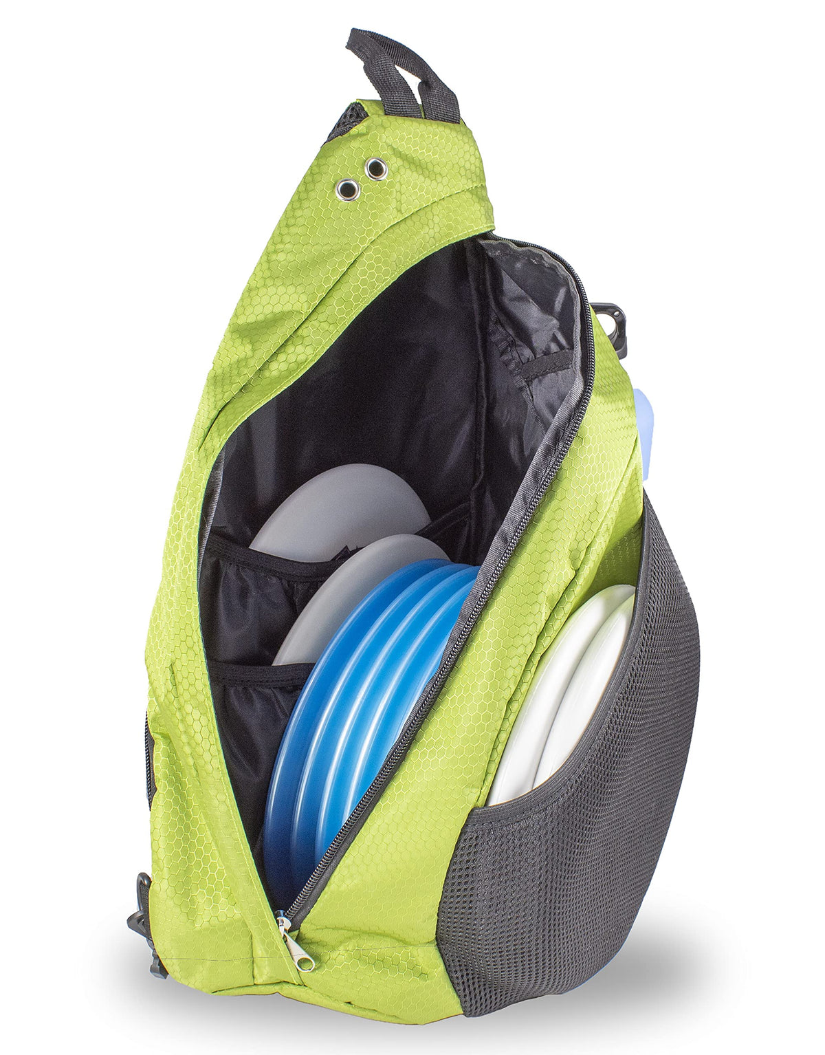 Infinite Discs Slinger inner pocket neatly holds discs for organized rounds.