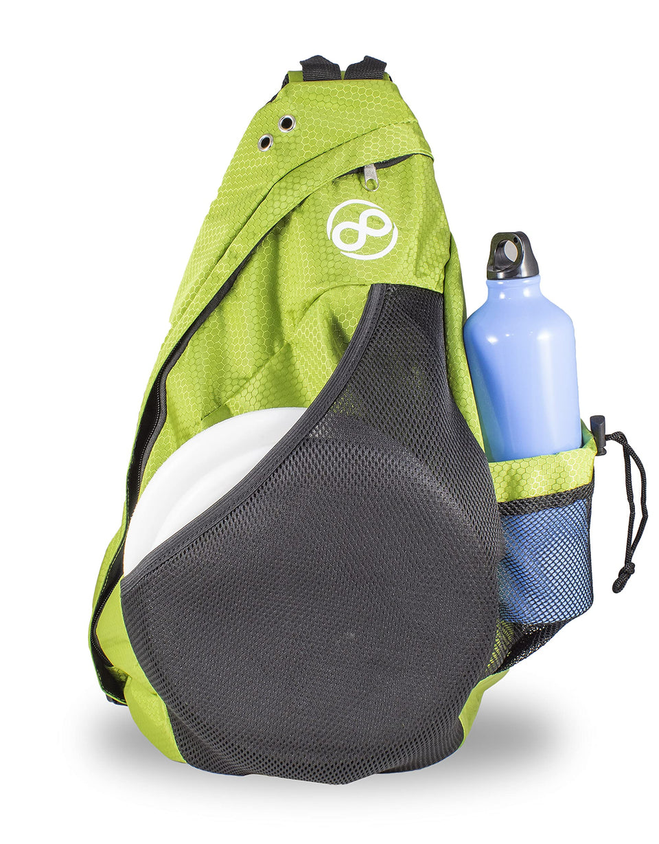 Infinite Discs Slinger backpack front pocket stores up to 10 discs for quick access.
