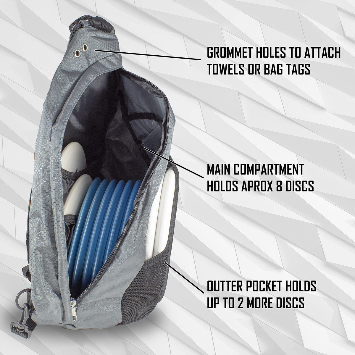 Infinite Discs Slinger Backpack front putter pouch for two putters or oversized discs.