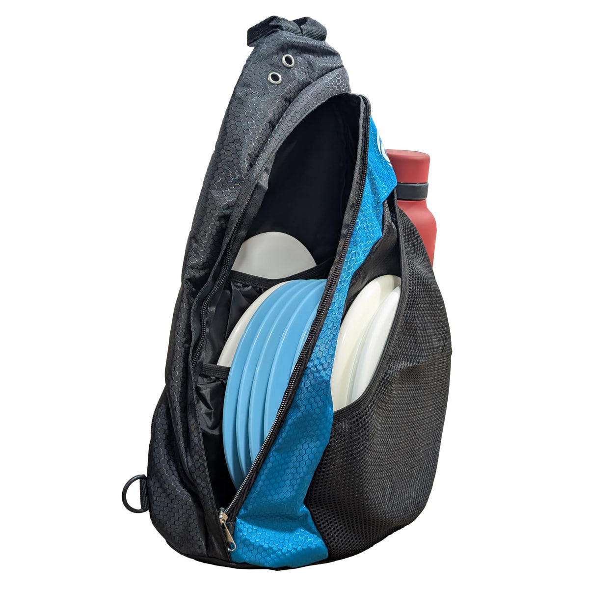 Infinite Discs Slinger Bag with adjustable strap for comfortable left or right shoulder wear.
