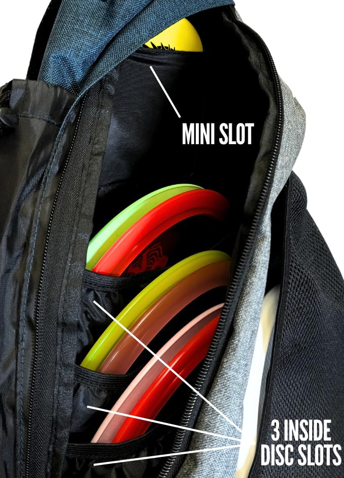 Infinite Discs Slinger Bag back pocket with zipper for keys and phone on course.