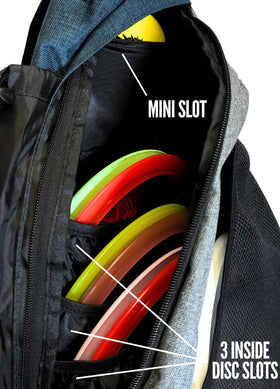 Infinite Discs Slinger Bag back pocket with zipper for keys and phone on course.
