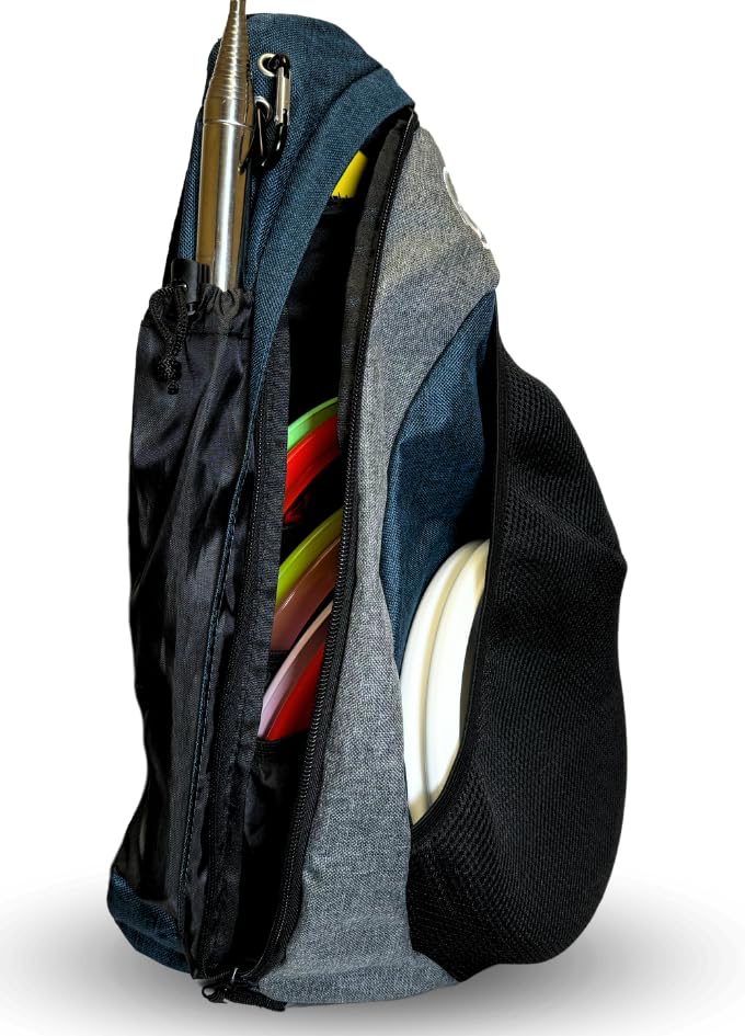 Infinite Discs Tournament Slinger Bag front pocket holds two putters for quick access.