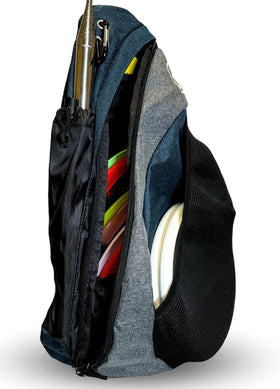 Infinite Discs Tournament Slinger Bag front pocket holds two putters for quick access.