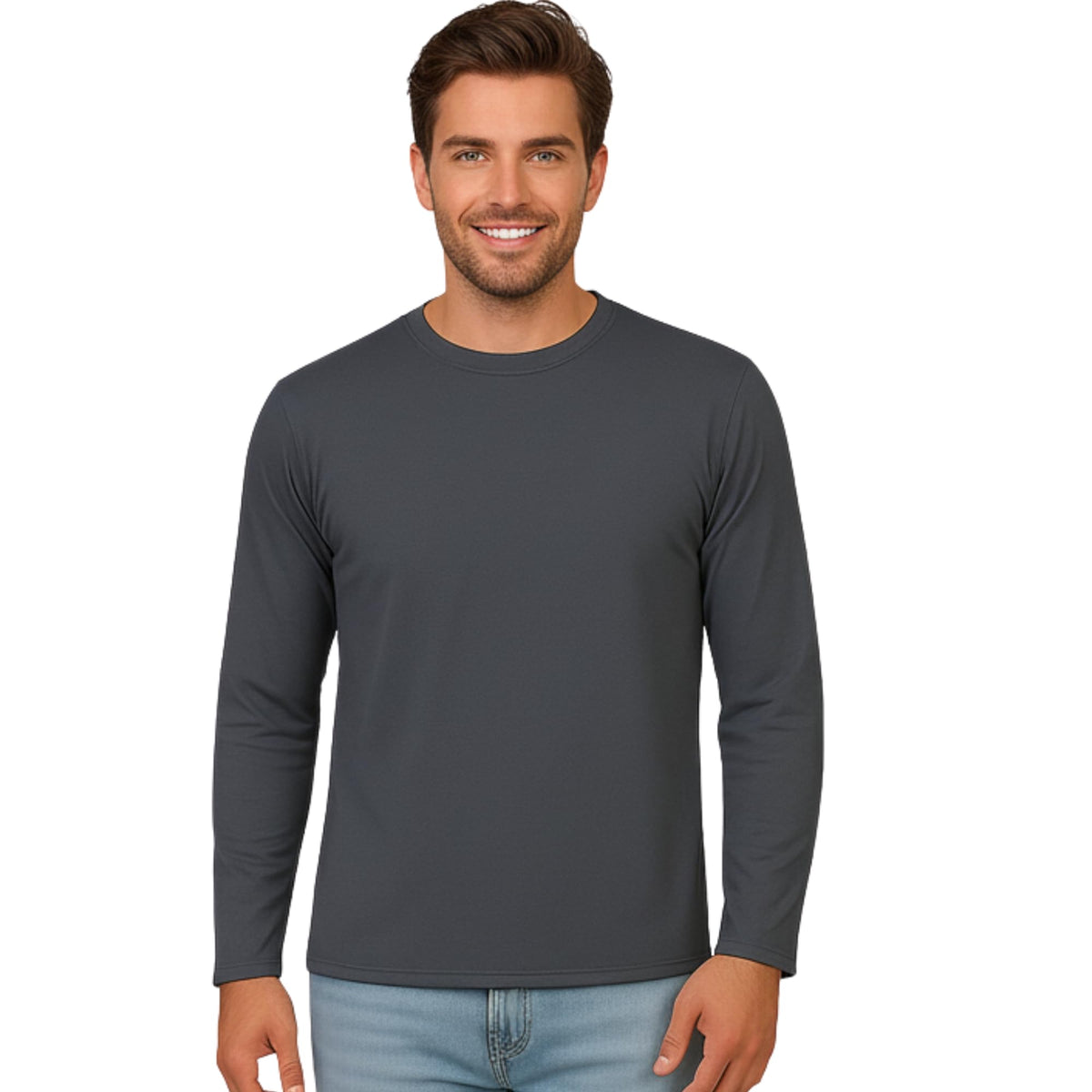 INGEAR men's ultra-soft base layer crewneck in charcoal, front view for all-day comfort