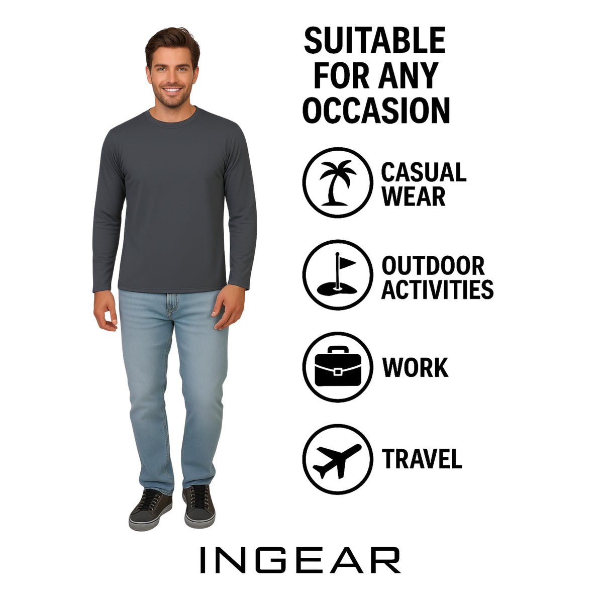 INGEAR neck seam detail on charcoal base layer showing flexible ribbed collar