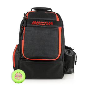 Innova Adventure Pack front view showing spacious 25-disc storage for quick on-course access