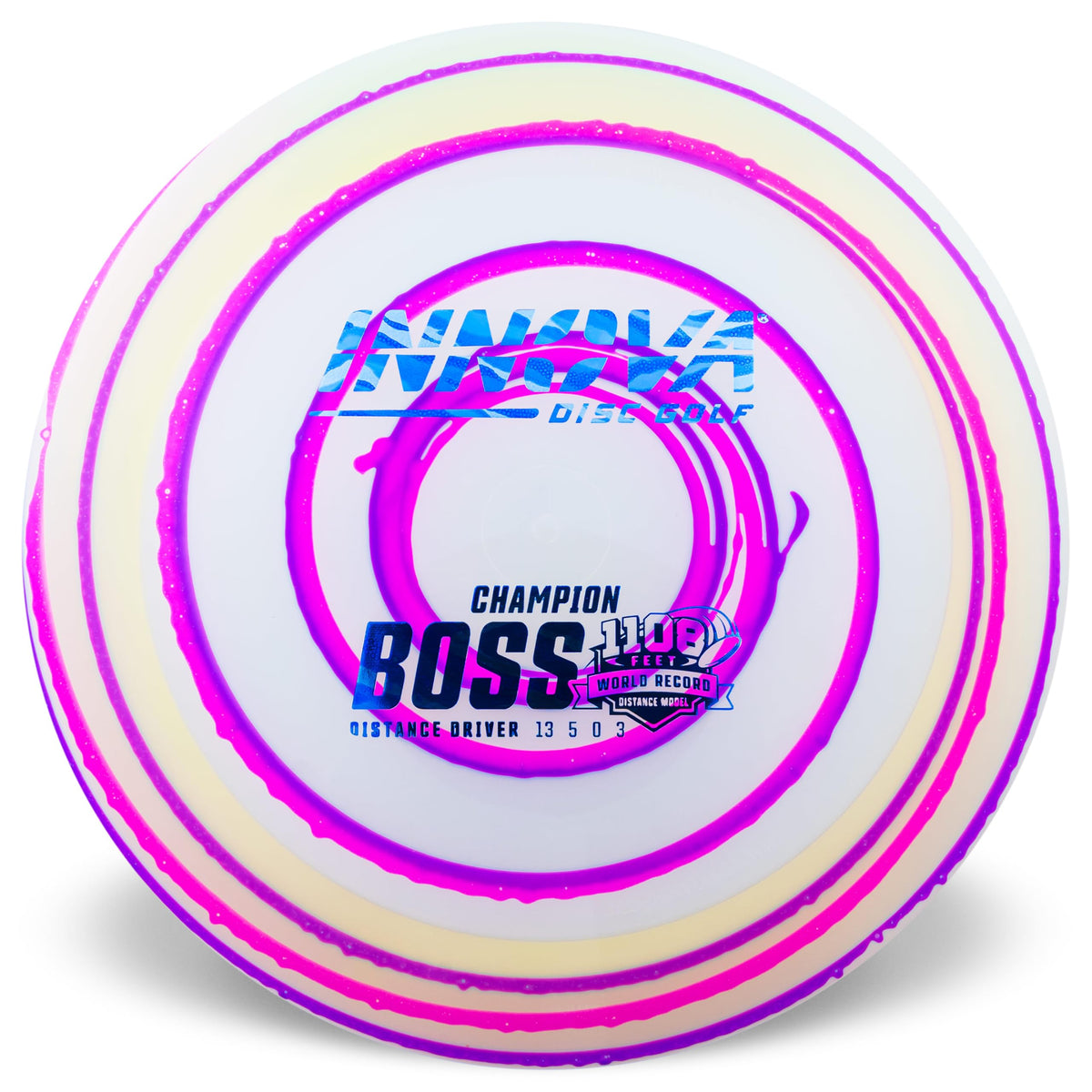 Innova Boss I-Dye Champion disc in a bold hero shot, designed for maximum distance off the tee.