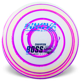 Innova Boss I-Dye Champion disc in a bold hero shot, designed for maximum distance off the tee.